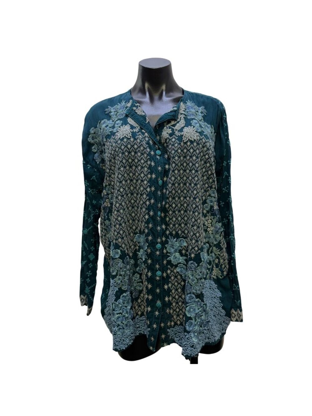 Johnny Was Embroidered Teal Blue Long Sleeve Blouse XS